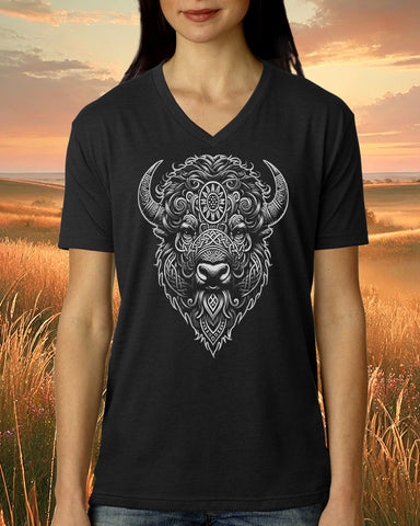 Celtic Tribal Bison on black vneck